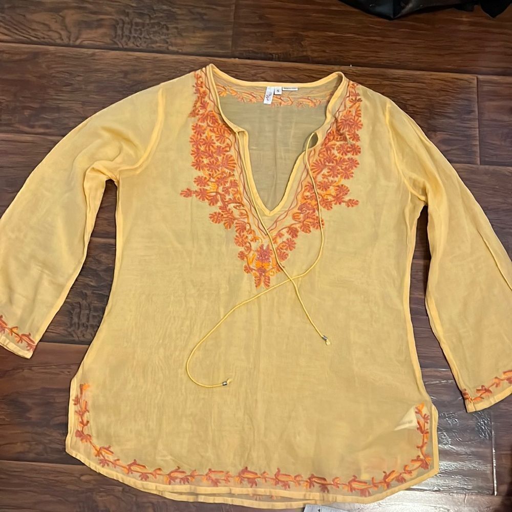 Joie Orange Boho Embroidered Sheer Silk Blend Top Festival Concert Coastal
